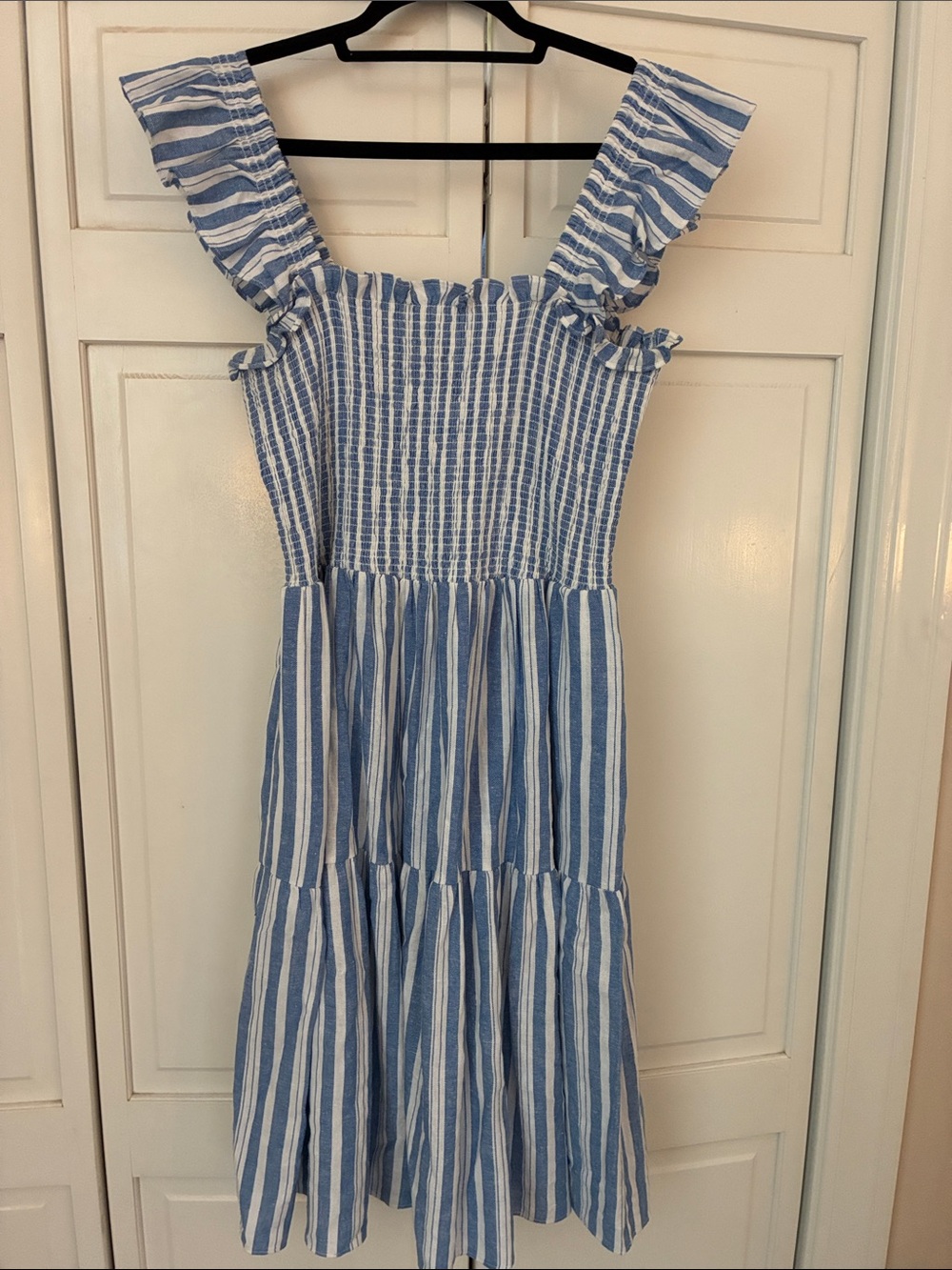 Eliza J Blue and White Striped Smocked Dress